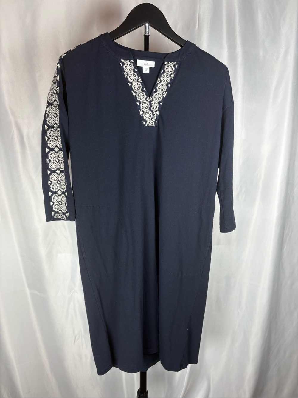 J Jill Womens XS Navy Blue Embroidered Midi Dress 3/4 Sleeve 100% Cotton